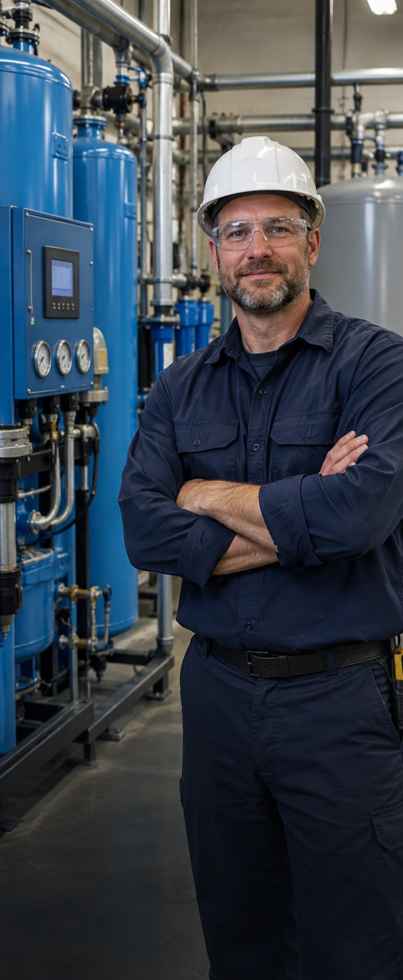 Técnico industrial junto a equipos de nitrógeno y aire comprimido